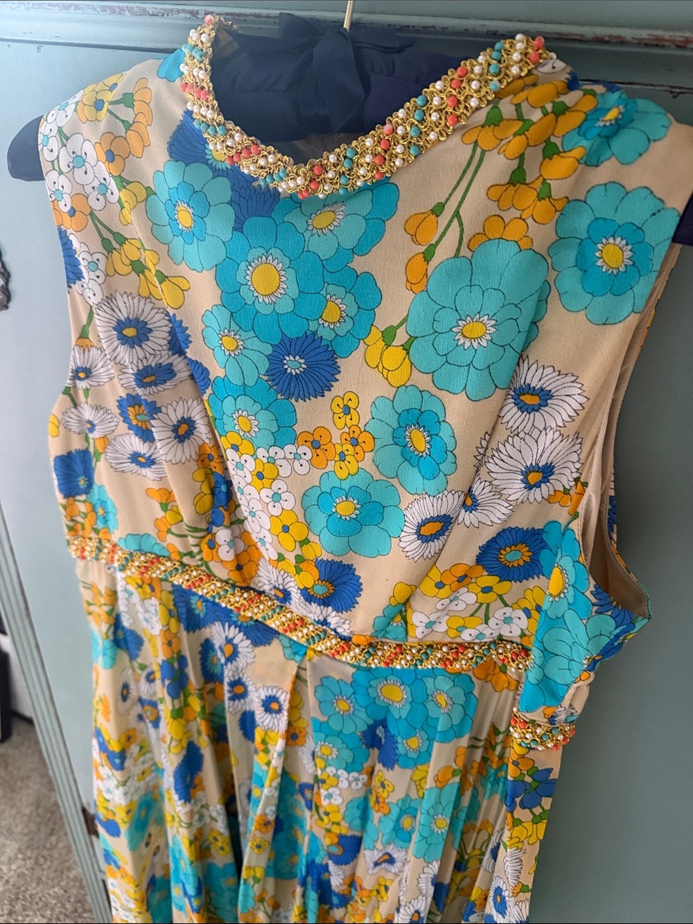 Vintage Turquoise Yellow Blue Floral Midi Dress with Beaded Trim